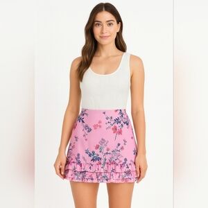 Honey Punch Pink Floral Mini Skirt Ruffles Tiered Small Satin Soft EUC